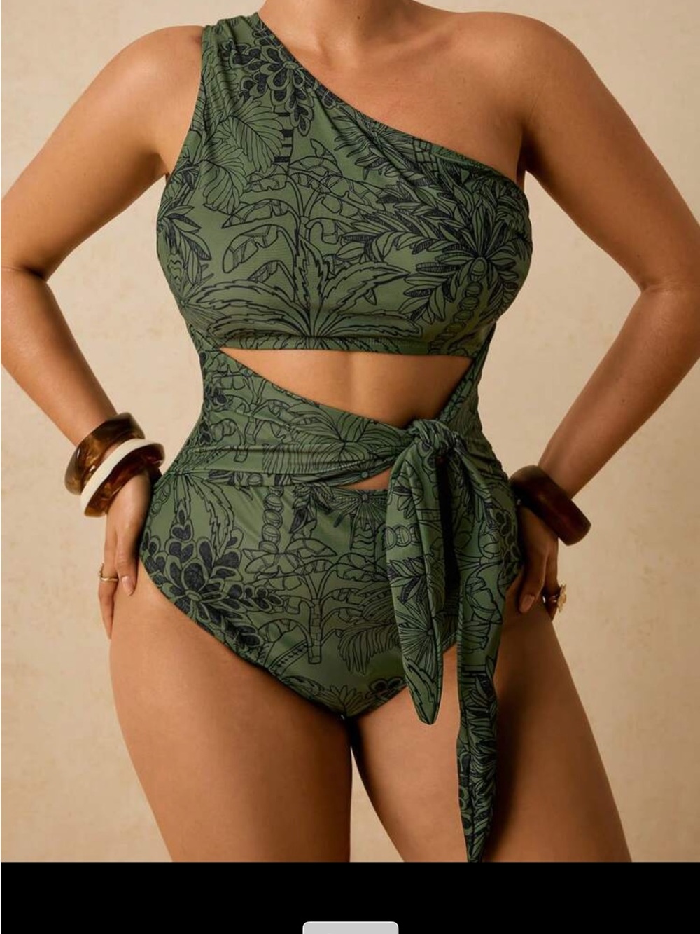 One-Shoulder Olive Green Tie-Waist One-Piece Swimsuit